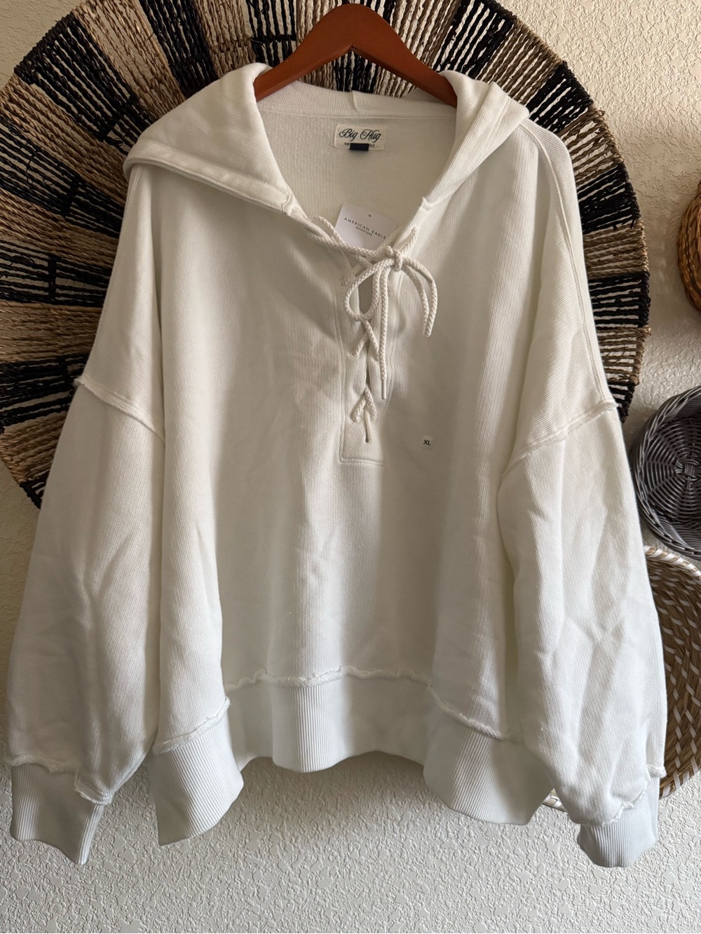 American Eagle Outfitters Cream Lace-Up Hooded Pullover